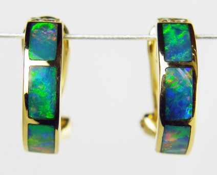 Inlaid Black Opal Earrings - Black Opal hoop earrings in 18ct yellow gold