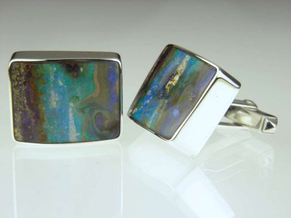 Boulder opal cufflinks - Boulder opal pair from Queensland set in silver, gentleman's cufflinks