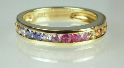 Multicoloured sapphire ring - 0.7ct natural multi-coloured coloured sapphires set in 18ct yellow gold