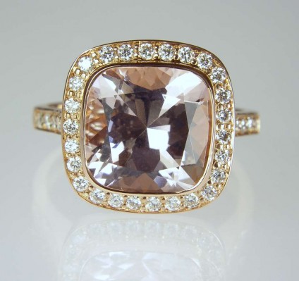 Morganite & diamond ring - 3.76ct cushion cut morganite set with 0.37ct G colour VS clarity round brilliant cut diamonds in 18ct rode gold. Morganite is a beryllium aluminium silicate mineral with the same chemical composition and structure as emerald, aquamarine and heliodor.