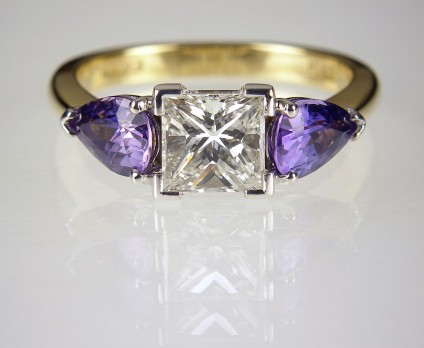 Sapphire & Diamond Ring in Platinum & 18ct Gold - Princess cut diamond & 1.35ct pear cut purple sapphires in platinum & 18ct yellow gold.