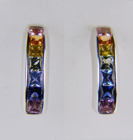 Multicoloured sapphire earrings in 18ct white gold - 1.5ct of natural coloured square cut sapphires channel set in earrings in 18ct white gold - there is a matching ring available too