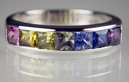 Multicoloured sapphire ring in 18ct white gold - 1.48ct of natural coloured square cut sapphires channel set in a ring in 18ct white gold - there are matching earrings available too