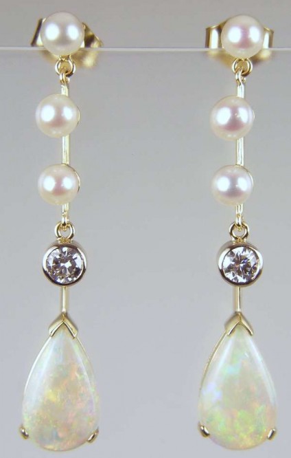 Opal, diamond & pearl earrings - 3.4ct pair of pear cut white opals set with 0.4ct diamonds and 4.5mm round cultured pearls in 18ct yellow gold and platinum