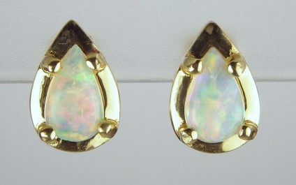 Opal earrings - Pear shaped opal cabochon earrings in 18ct yellow gold