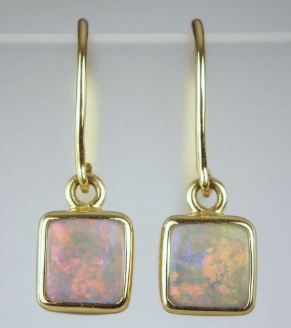 Opal earrings - Square opal earrings on shepherd's crook ear wires in 18ct yellow gold