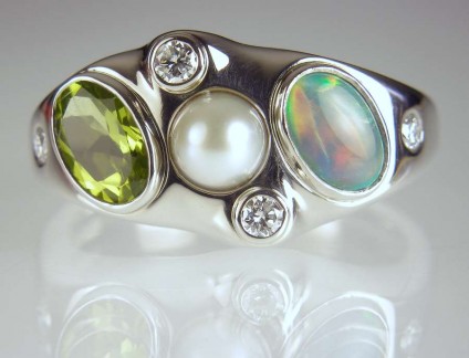 Opal, peridot, pearl & diamond ring - Opal, peridot, pearl & diamond birthstone ring in palladium