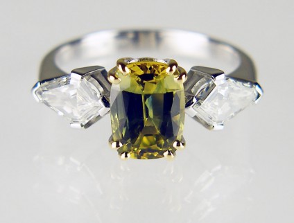Parti coloured sapphire & diamond ring - 2.35ct antique cut Australian part-coloured sapphire set with a matched pair of kite cut diamonds mounted in 18ct white & yellow gold. One of the very finest pieces we made in 2016!  The photograph doesn't do it justice.