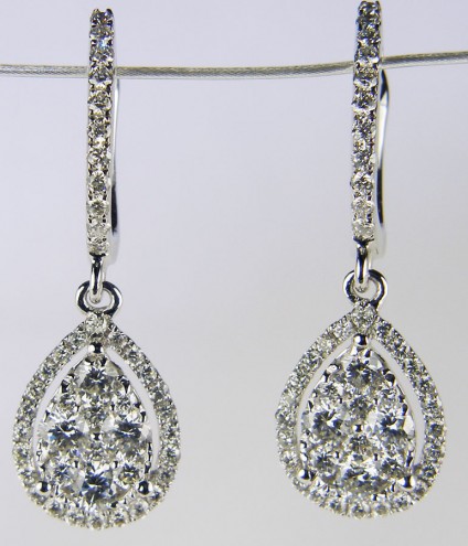 Diamond cluster drop earrings - 1.05ct total diamond weight, pear drop cluster diamond earrings. Diamond quality G colour VS clarity. Mounted in 18ct white gold.
