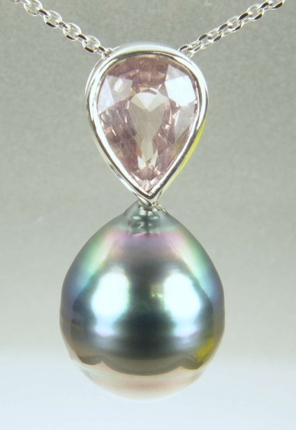 Brown sapphire & Tahitian pearl pendant - Pear cut brownish/pinkish/lilac sapphire 2.35ct (unheated - containing fine iinclusions as seen in photograph), set with a beautiful drop shape Tahitian pearl in soft brownish grey with a turquoise orient.  All mounted in 18ct white gold and on a white gold chain.
