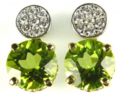 Peridot & diamond earrings in 18ct gold - 4.48ct peridot round pair set as detachable drops from 0.21ct total diamond weight cluster stud earrings.									
																						