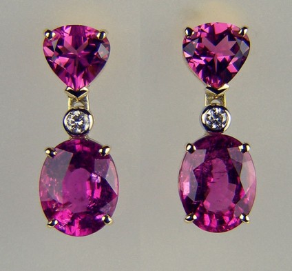 Tourmaline & diamond earrings - 3.75ct pink tourmaline oval pair, set with 1.64ct pink tourmaline trillion cut pair and 2 x 2.1mm round diamonds in 18ct white & yellow gold earrings.