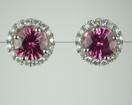 Pink sapphire & diamond earstuds - 1.9ct matched pair of round brilliant cut pink sapphires (certified unheated) set with 0.31ct diamonds in 18ct white gold