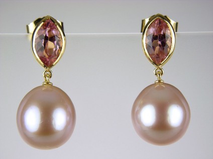 Pink tourmaline & pearl earrings - Pink tourmaline and cultured pearl earrings in 18ct yellow gold set with 1.71ct pink tourmaline navette cuts and natural rose colour cultured pearls.
