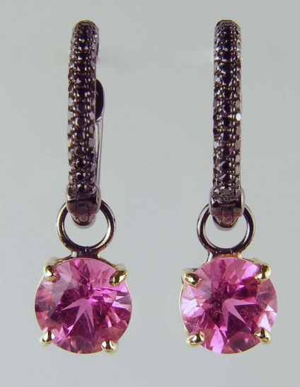 Pink tourmaline & black diamond earrings - 0.34xt round brilliant cut black diamonds set in ruthenium plated 18ct white gold hoop earrings with detachable drops of 7mm round (2.76ct total pair weight) vivid pink tourmalines set in 18ct yellow gold
