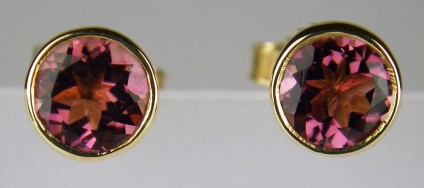 Tourmaline stud earrings in yellow gold - 1.4ct pair of round brilliant cut soft brownish pink tourmalines set in 9ct yellow gold as simple earstuds in a rubover setting