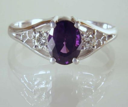 Purple spinel ring - 1.15ct deep purple spinel set with a matched pair of 3mm round diamonds in G colour VS clarity in 18ct white gold