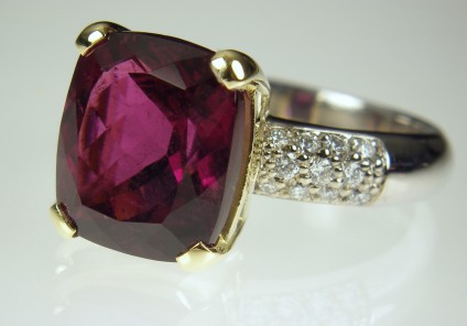 Rubellite & diamond ring - 6.45ct cushion cut Afghan red tourmaline set with 0.3ct diamonds in 18ct white & yellow gold