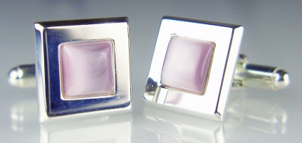 Rose quartz cufflinks in silver - Simple square cabochon rose quartz set in rubover polished silver framed silver cufflinks