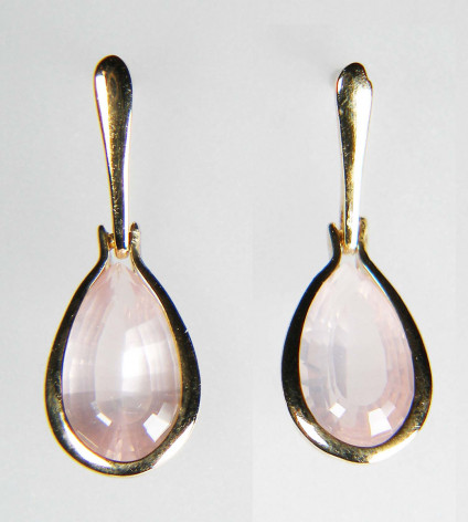 Rose quartz eardrops in 9ct yellow gold - Delicate and pastel rose quartz pear cut drops rubover set in 9ct yellow gold. These earrings measure 22mm long and 8mm wide. They are included in our 20th anniversary 50% sale and now cost £99.50