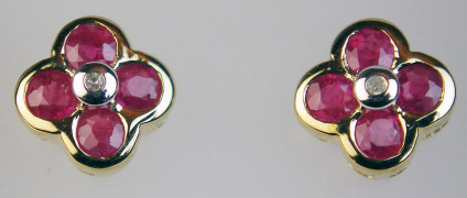 Ruby & diamond cluster earstuds - Pretty ruby & diamond earstuds set in 9ct yellow gold