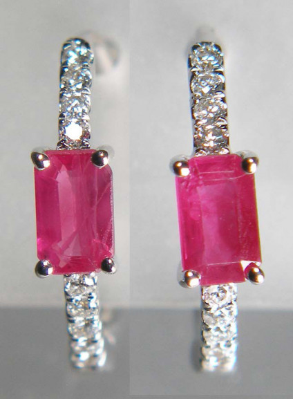 Ruby & diamond earhoops in 9ct white gold - Oval ruby - included natural heat treated but NOT glass filled - weighing 0.53ct ruby, and set with 0.13ct white diamonds in dainty 9ct white gold earhoops. Earhoops measure 15mm across