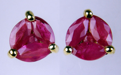 Ruby earstuds in 9ct yellow gold - 0.88ct of marwuise and round cut rubies, cluster set in 9ct yelow gold. Studs are 6mm in diameter