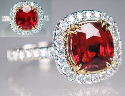 3.04ct NO HEAT ruby & diamond ring in 18ct yellow & white gold - Top quality cushion cut ruby from Mozambique. Ruby weighs 3.04ct and is accompanied by an Amercian Gem Laboratory report confirming that the ruby is natural and UNHEATED. Ruby is surrounded by 1.5ct of G colour VS clarity diamonds, mounted in an 18ct yellow and white gold ring. This is an exceptional quality investment grade ruby of vivid red colour. You will not find better anywhere!