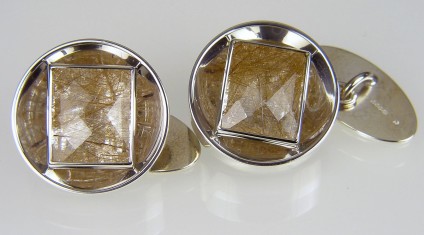 Rutilated quartz cufflinks in silver - Harlequin cut rectangular, rutilated quartz crystals set in silver. Cufflinks 20mm round.
