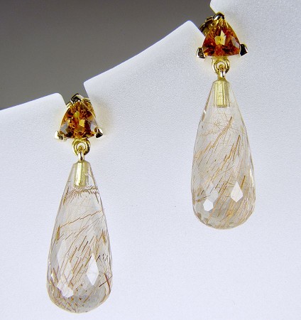 Citrine & rutilated quartz earrings - Rutilated quartz (also known as Venus hairstone) briolette drops set with trillion cut citrines in 18ct yellow gold. Earrings 8 x 27mm.