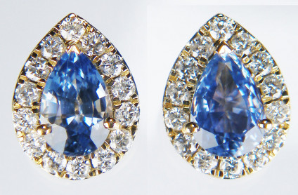 Sapphire & diamond earstuds in 18ct yellow gold - 1.19ct pair of pretty mid blue pear cut sapphires surrounded with 0.29ct of round brilliant cut diamonds mounted in 18ct yellow gold earstuds. Earstuds are 9.5x7.5mm.