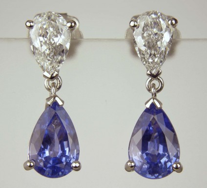 Pear cut sapphire & diamond earrings - 1.09ct E colour VS clarity pear cut diamonds set with 2.92ct pear cut sapphire pair in platinum