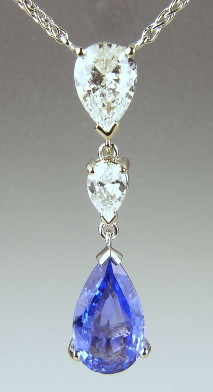 Pear cut sapphire & diamond pendant - 3.06ct pear cut sapphire drop suspended from 3 carats of pear cut diamonds in platinum