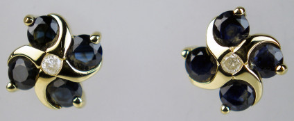 Dark sapphire & diamond cluster earstuds - Pretty dark sapphire & diamond cluster earstuds in 9ct yellow gold, modern styling 