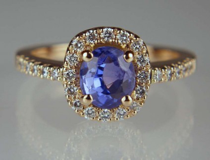 Blue Sapphire & Diamond Ring - 1.3ct blue sapphire set with 0.27ct 1.3mm diamonds in 18ct rose gold