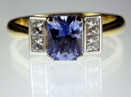 Sapphire & Diamond Ring in Platinum & 18ct Gold - Sapphire & Princess Cut Diamond Ring 1.7ct octagonal cut Sri Llankan sapphire with 0.4ct princess cut diamonds in platinum and 18ct yellow gold.