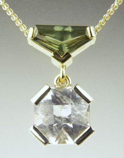 Shetland quartz & green sapphire pendant - Shetland quartz supplied by Hascosay Gems (hascosay@hotmail.com), set with 1.27ct tapered baguette green sapphire, as a pendant in white and yellow 9ct gold