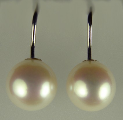 Cultured Pearl Earrings - 10-10.5mm round cultured pearl drops on simple 14ct white gold hook earrings