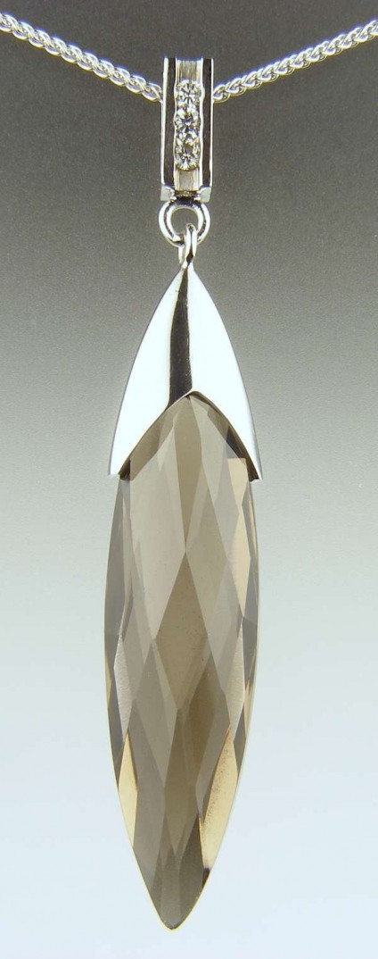 Smoky quartz & diamond pendant - 17.02ct smoky quartz briolette pendant mounted with 3 x 2mm round white diamonds in 18ct white gold