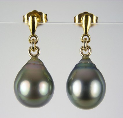 Tahitian pearl drops earrings in gold - Tahitian baroque pearl eardrops in 9ct yellow gold.