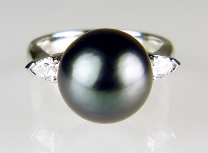 Tahitian pearl & diamond ring in platinum - 10mm black Tahitian pearl set with a 0.3ct pair of pear cut diamonds in a platinum handmade ring