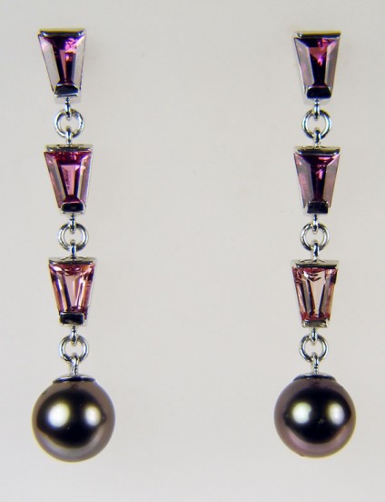 Tourmaline & Tahitian pearl earrings - Round Tahitian pearls (customer's own) set with tapered baguette cut tourmalines in shades of pink in 9ct white gold