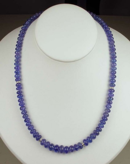 Tanzanite & Diamond Necklace - Top quality polished tanzanite roundel beads set with 14ct white gold and diamond spacers with a 14ct white gold clasp.