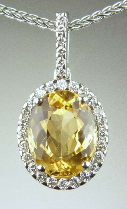Topaz & diamond pendant - 2.35ct yellow topaz set with diamonds in 18ct white gold pendant, and chain