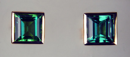 Sea Green colour tourmaline square cut stud earrings in 18ct rose gold - 1.75ct sea green colour tourmaline pair set in rubover 18ct rose gold earstuds