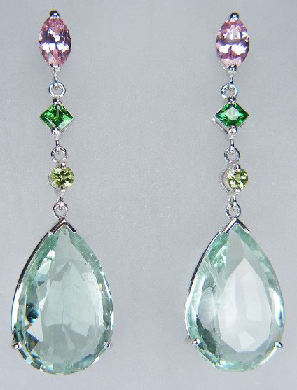 Aquamarine, tourmaline & garnet earrings - 36.93ct pale greenish blue pear cut aquamarines, set with 0.73ct pair of princess cut tsavorites, 0.38ct pair of round brilliant cut Mali garnets and 1.7ct marquise cut pair of pale pink tourmalines in 18ct white gold