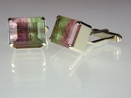 Watermelon tourmaline cufflinks in gold - Watermelon tourmaline cufflinks in 9ct white gold.  Set with 21.7ct Brazilian tourmaline.  Cufflink head 11x14x9mm.
