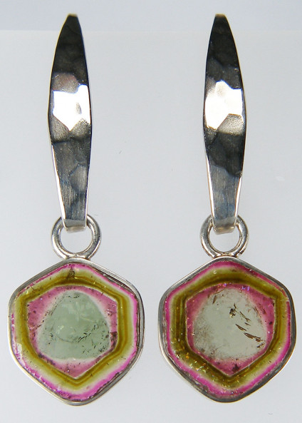 Watermelon tourmaline eardrops in silver - Watermelon tourmaline slices, spectacle set in silver and suspended from beaten silver earhooks. Earrings are 40mm long. These earrings are included in our 20 year anniversary sale and are now £97.50