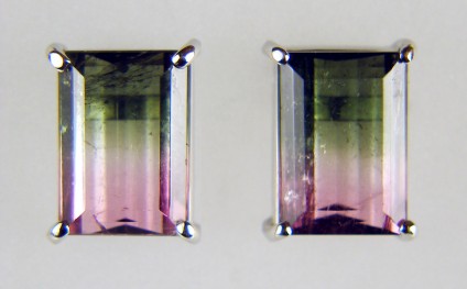 Watermelon tourmaline earrings in platinum - 4.01ct pair of emerald cut bicolour watermelon tourmalines mounted as simple earrings in platinum