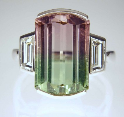Watermelon & tourmaline ring - 9.01ct watermelon tourmaline of exceptional clarity and delicate colour transition from pink to green (from the Kunar Valley, Afghanistan), set with a 0.90ct matched pair of trapeze cut diamonds in G colour VVS clarity, mounted in 18ct white gold